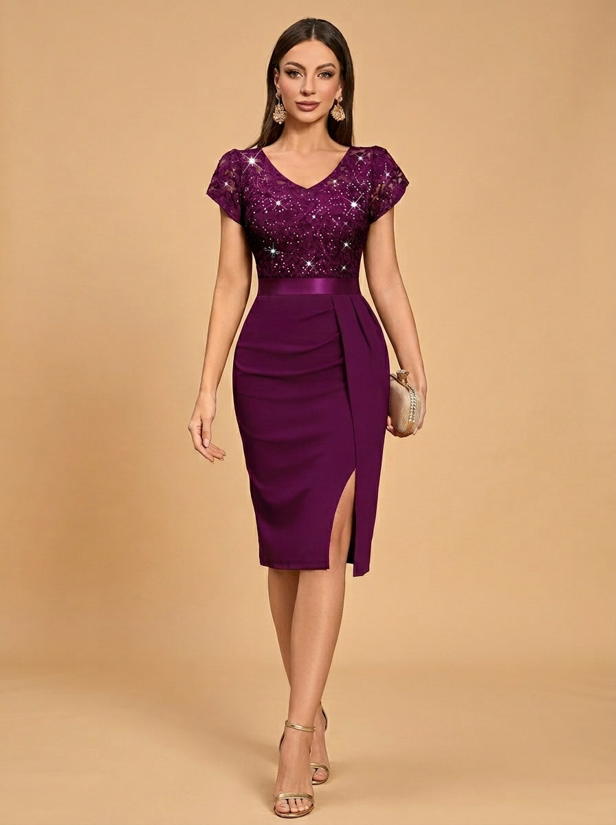 Purple Plum V-Neck Sequin Lace Short-Sleeve Midi Dress for Cocktail